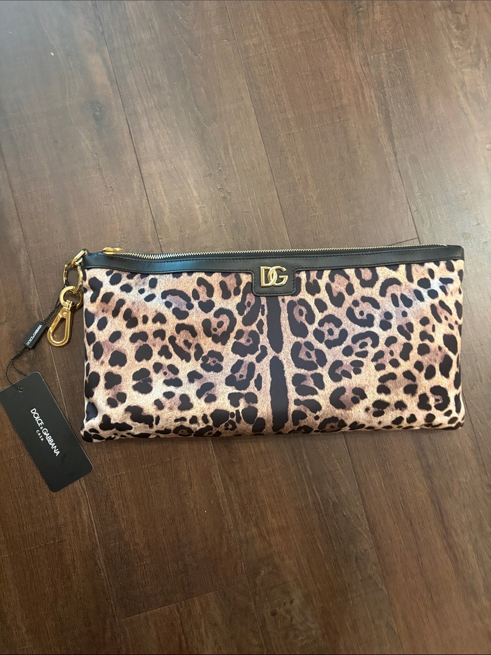 Dolce & Gabbana Leopard Print Satin Clutch in Brown and Black with Gold Hardware